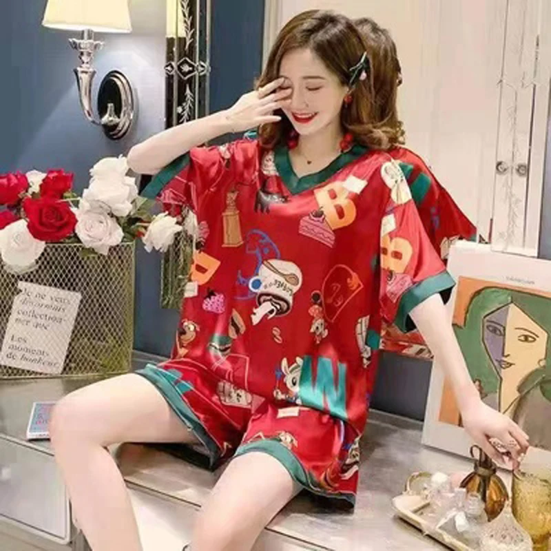 

New Summer Women Pajamas Set Silk Satin Sweet Girls Cartoon Short-Sleeved Shorts Sleepwear Soft Female Pyjamas V-Neck Homewear