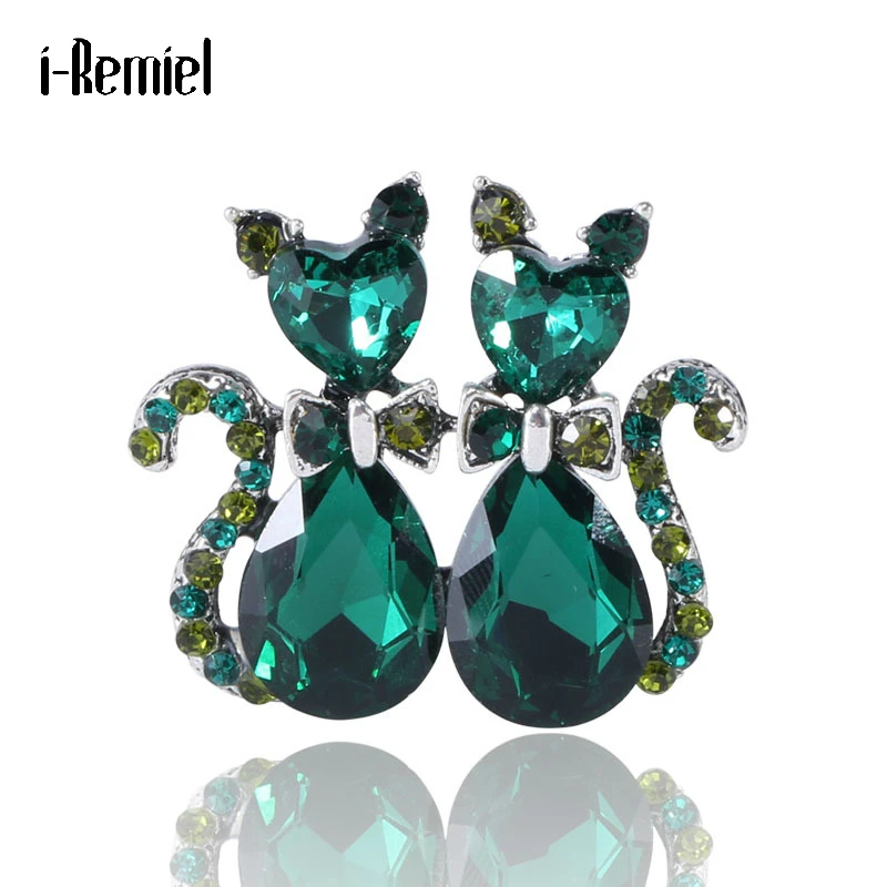 

Fashion Green Crystal Brooches Cute Animal Design Bow Cat Rhinestone Jewelry Collar Lapel Enamel Pins Women Clothing Accessories