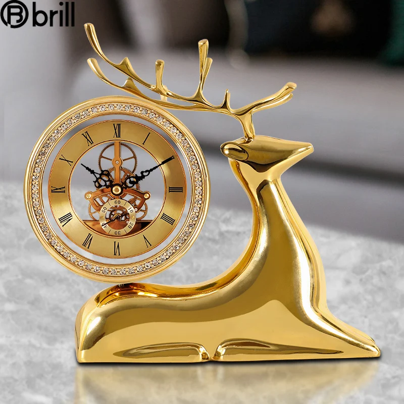 

Nordic Gold Desk Clcok Fine Copper Luxury Table Clock Living Room Mechanical Internal Gear Silent Clocks Wall Home Decor Bedroom