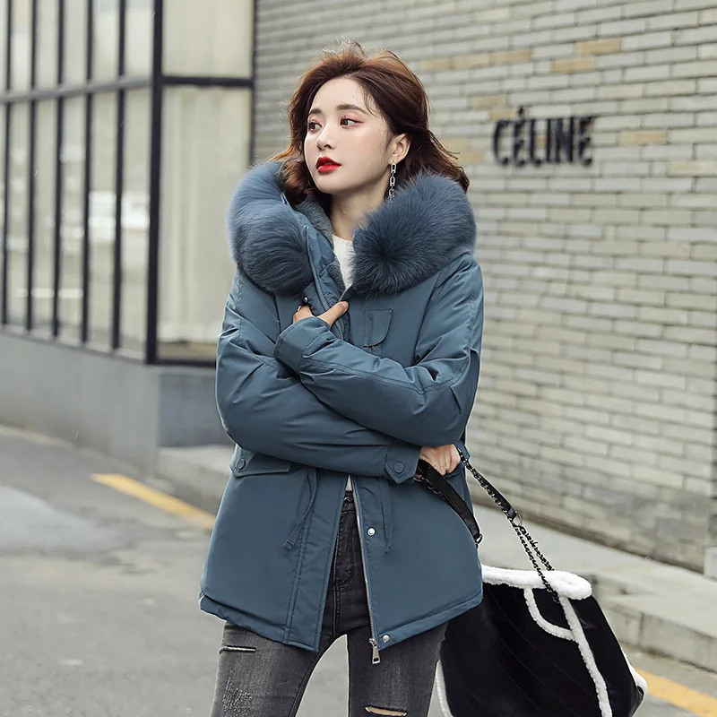 

FNOCE 2020 winter women's down cotton jackets fashion casual elegant solid hooded fur collar plus velvet thickened parkas coats