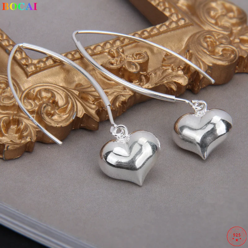 

BOCAI 2021 Trendy S925 Sterling Silver Earrings New Surface Smooth Heart Ear-drop Pure Argentum Jewelry Ornament for Women