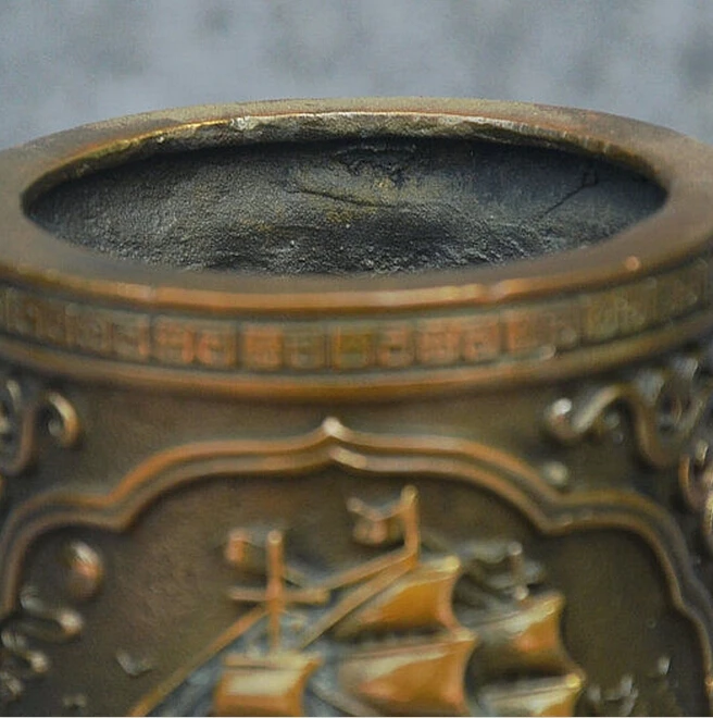 825 + китайская Бронзовая медная резная лодка Xin Xiang Shi Cheng статуя щетка горшок ручка