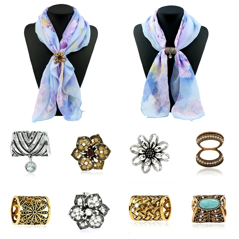 

Fashion Luxury Crystal Rhinestone Scarf Buckle Hollow Out Flower Brooch Pins For Women Silk Shawl Buckle Ring Clip Jewelry Gift