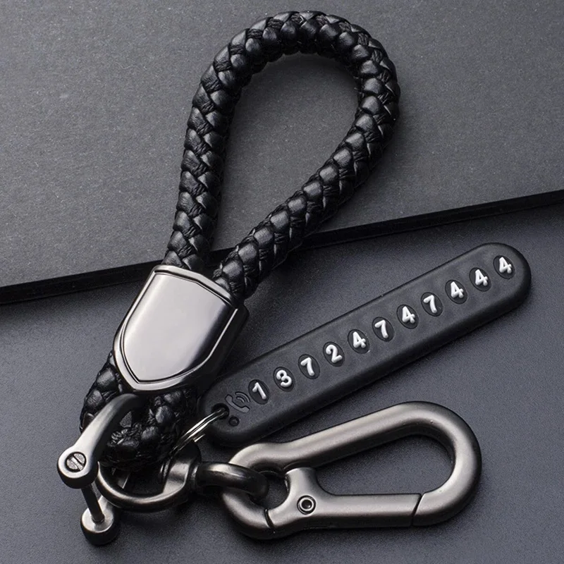 Anti-lost Car Keychain Phone Number Card Keyring Leather Bradied Rope Auto Vehicle Key Chain Holder Accessories Gift for Husband 2