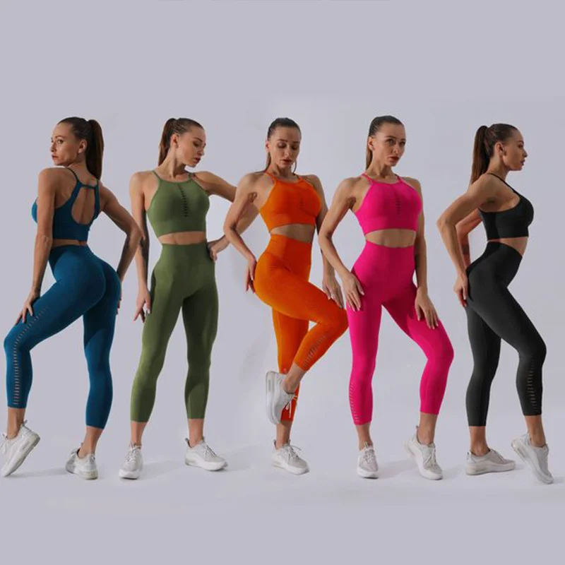 

Леггинсы женские без швов, комплект для фитнеса и йоги, тренировочная одежда для спортзала, трико для тренировок с высокой талией