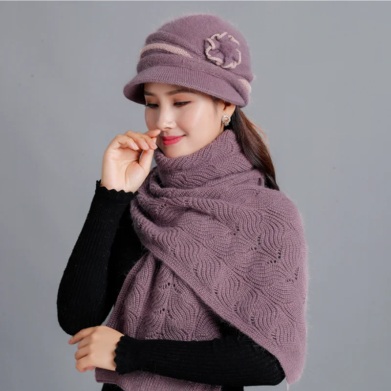 Женский комплект из шапки и шарфа кроличьего меха теплая шерстяная вязаная