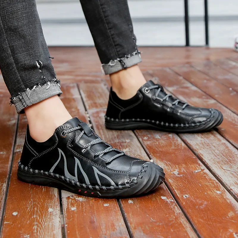 

High Quality Leather Men Shoes Lace-Up Flat Shoes Breathable Casual shoes Comfortable Men Driving shoes Moccasins Shoes Size 48