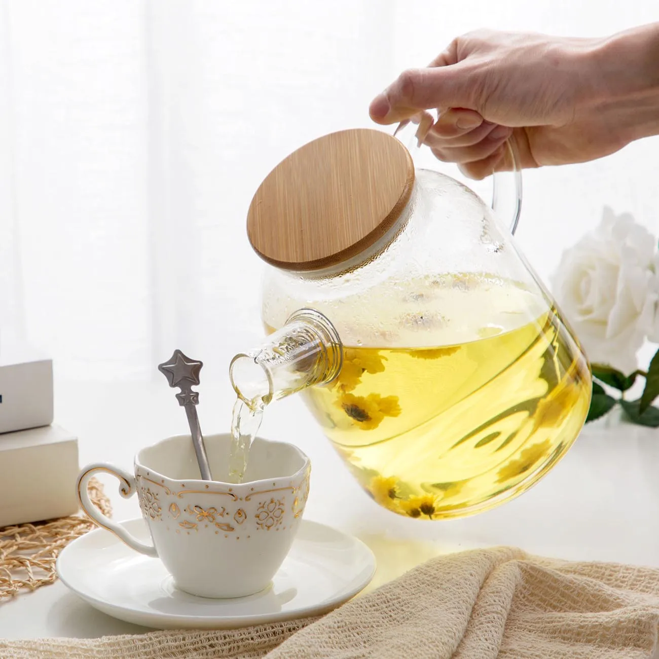 Чайник для воды со стеклянной бамбуковой крышкой 1 л/1 8 л термостойкий утолщенный