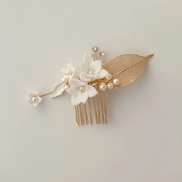 Женская небольшая гребень для волос с жемчугом белый фарфоровый цветок