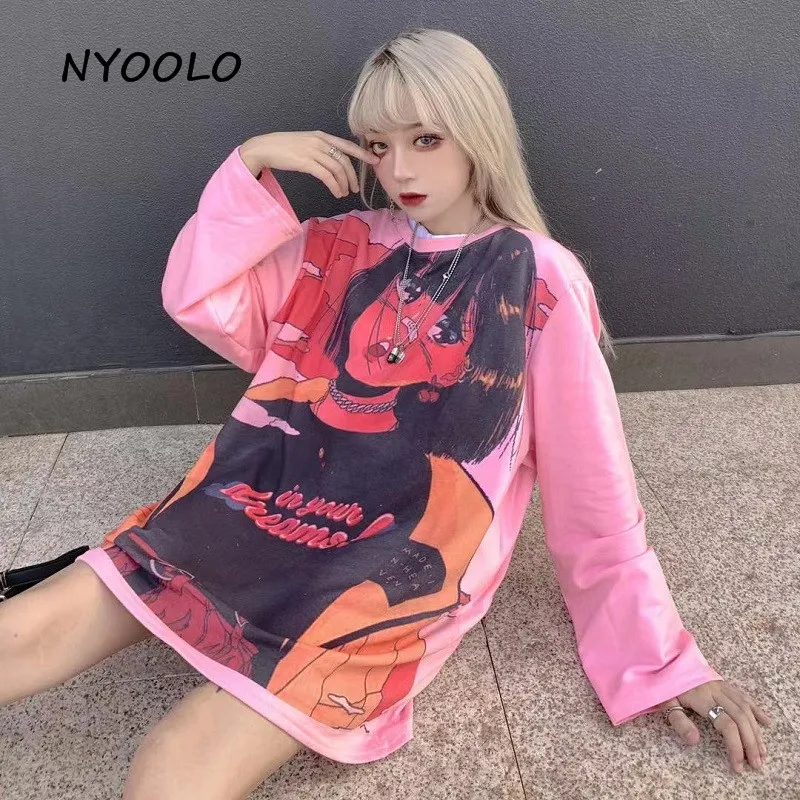 NYOOLO японский Harajuku Винтаж мультфильм аниме девушка печати футболка осень уличная свободная футболка с длинными рукавами для женщин и мужчин Топ