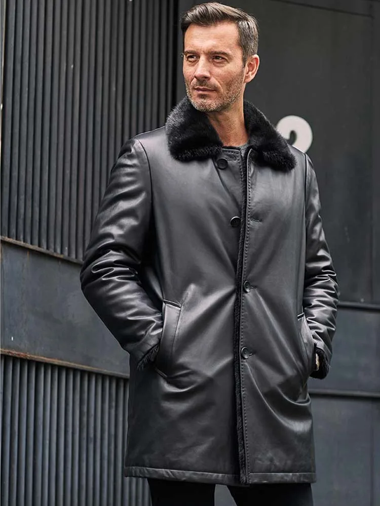 

Imported Mens Cowhide Jacket Double-Sided Mink Fur Coat Long Fur Outwear Black Leather Overcoat