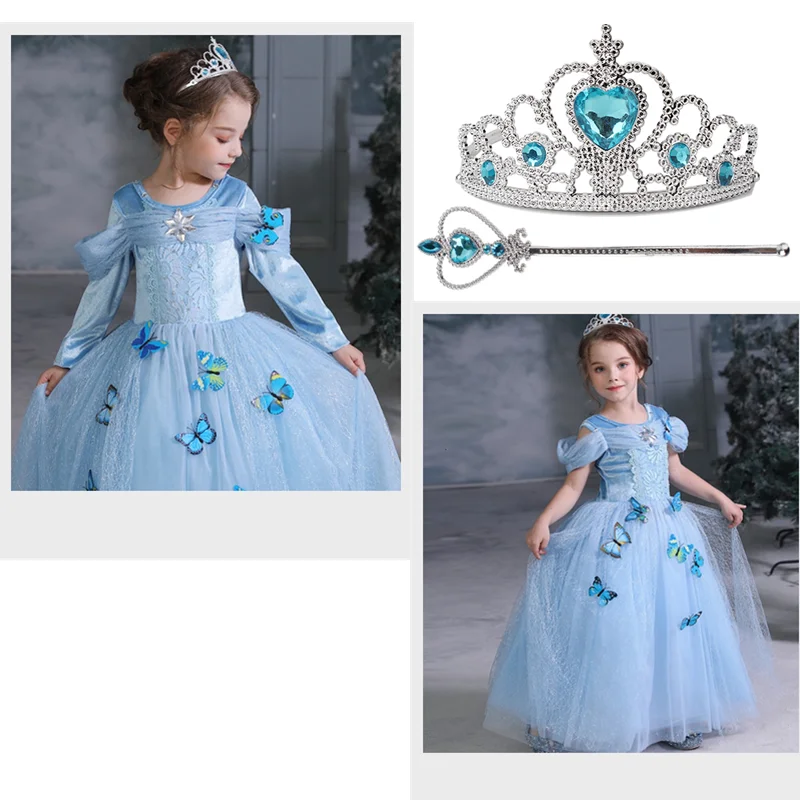 

Синее платье принцессы Эльзы для девочек, 3 шт., Сетчатое бабочка, бальное платье, костюм на Хэллоуин, Рождество, вечеринку, для детей 4-10 лет