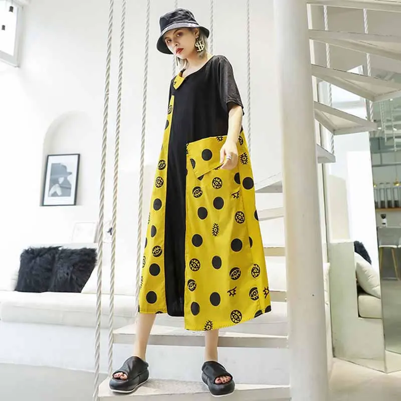 Женское платье в горох XITAO свободное Повседневное до середины икры с короткими