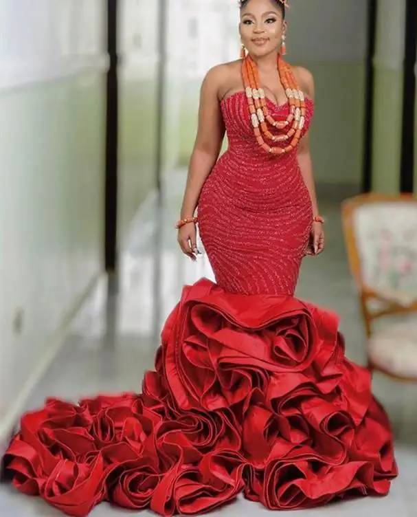 

2021 размера плюс арабские под традиционное платье Aso Ebi красный роскошный русалка Выпускные платья бисером яруса атласное Сексуальное вечер...