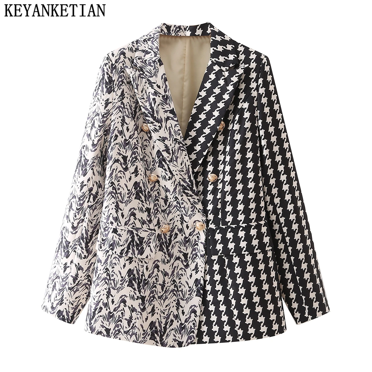 

KEYANKETIAN 2021 autumn and winter new ladies houndstooth stitching contrast blazer women fashion office ladies blazer