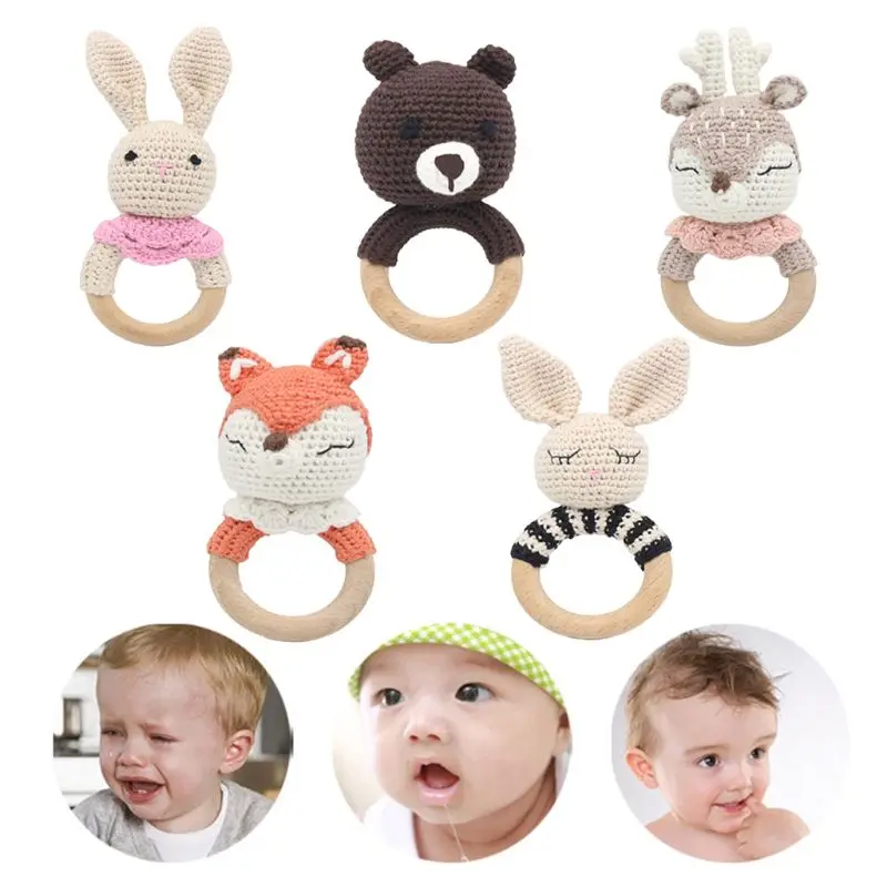 

Crochet Wooden Ring Baby Teether Animal Rattle Chewing Teething Nursing Soother
