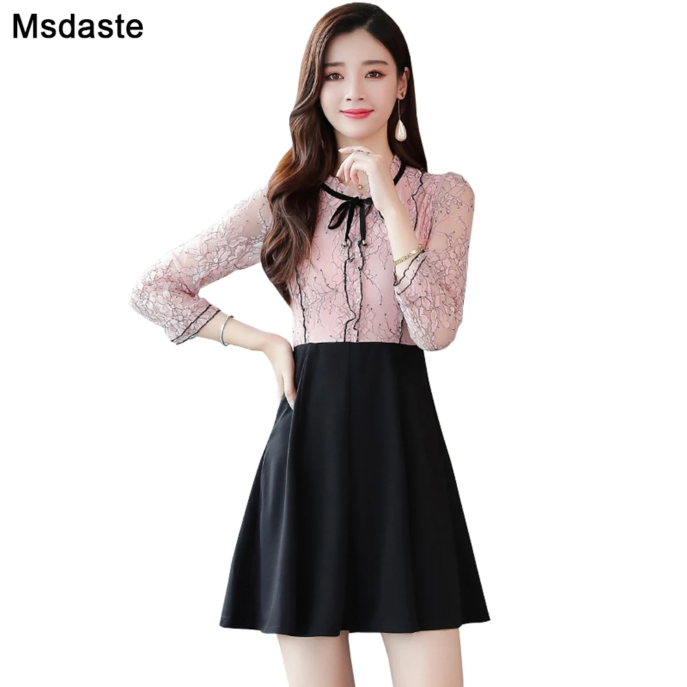 Женское кружевное платье с высокой талией в стиле пэчворк Корейском вечерние