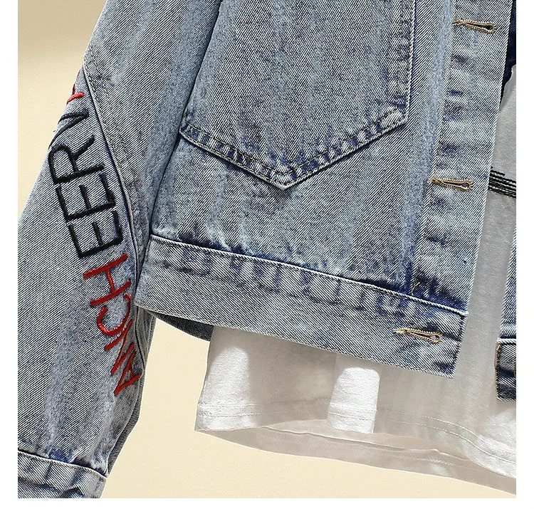 

Cowboy Coat Woman 2019 Spring and Autumn New Korean Loose Jean Jacket Simple Letter Embroidered Ins Female Short Denim Jackets