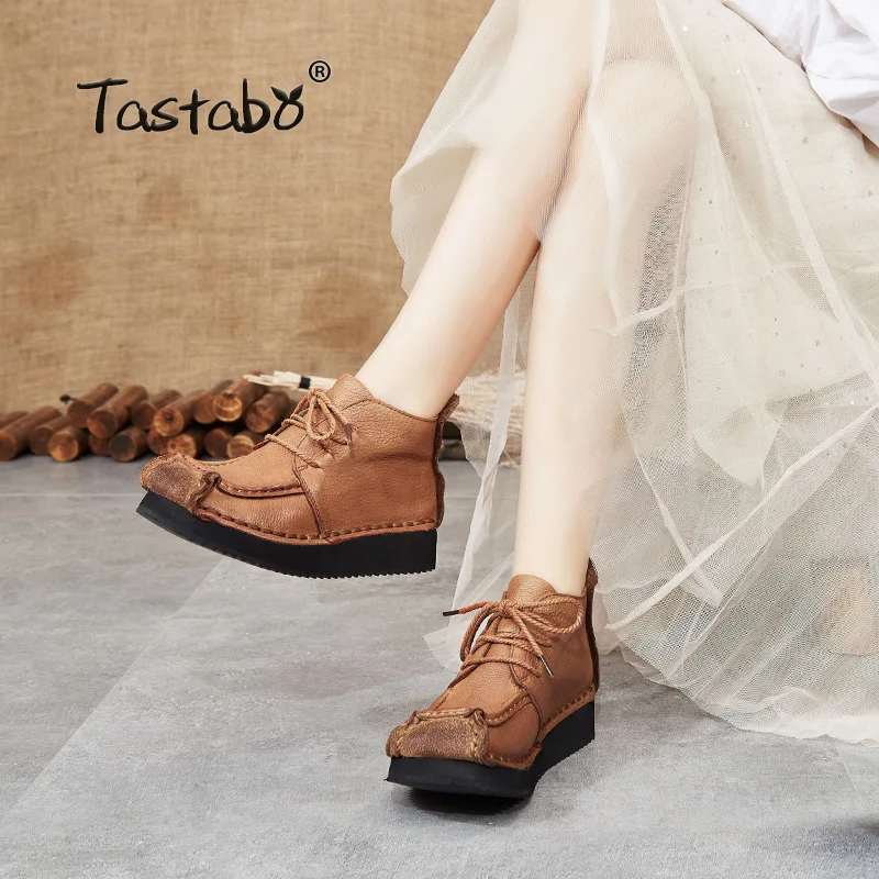 

Tastabo Genuine Leather ladies ankle boots vintage style Flat boots Thick bottom women's boots Lace up S88505 Brown Yellow 35-40
