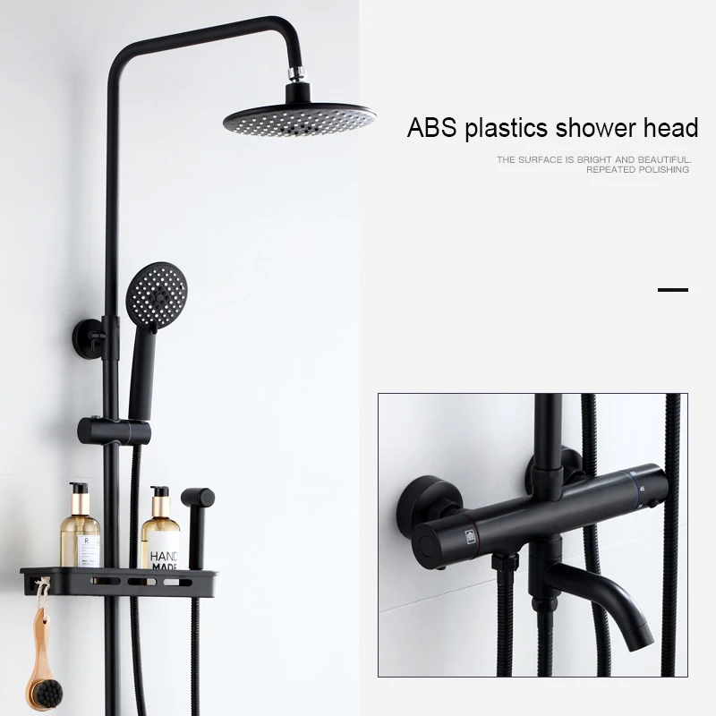 Black Thermostatic Shower Faucet Set Rainfall Multiple Types Long Spout Bathtub Tap With High Spray Bathroom Fauct | Обустройство