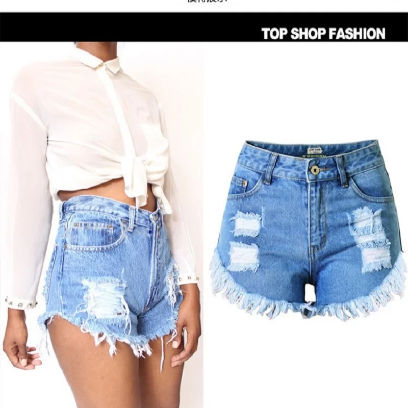 

Blue Ripped Women Shorts 2020 Broek Dames New Jeans Shorts Women High Waist Hole Short Taille Haute Femme Tassel Denim Short