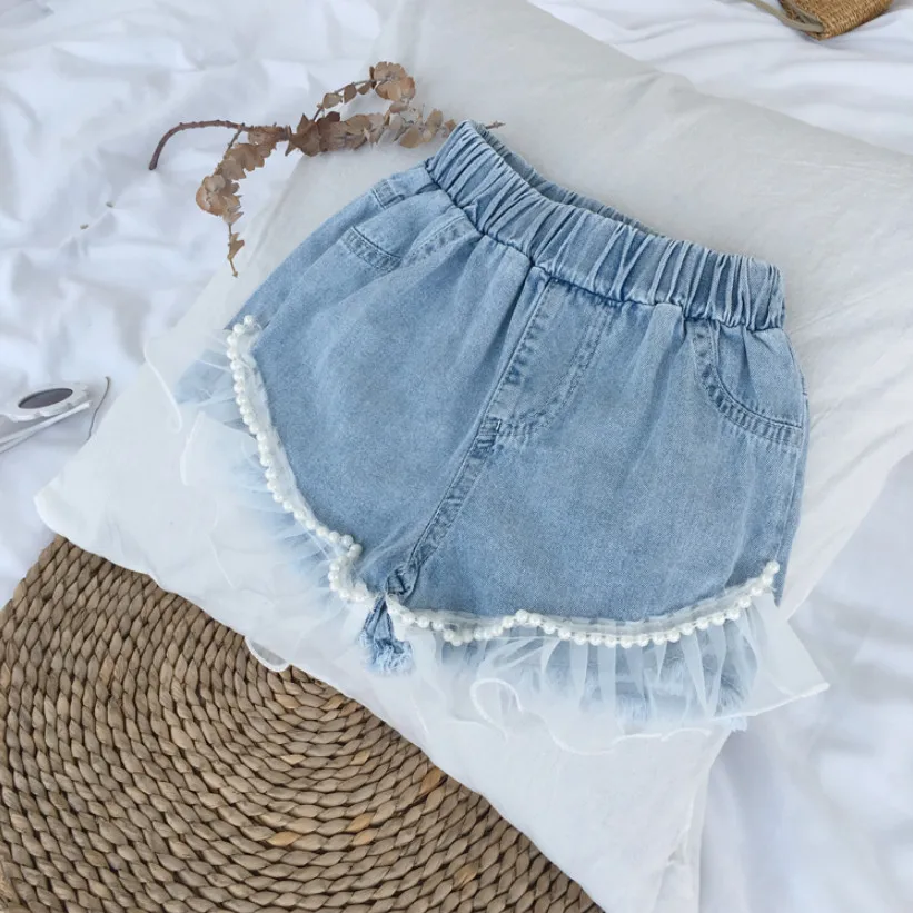 Пляжные штаны для девочек Джинсовые шорты с жемчужинами маленьких Кружевные