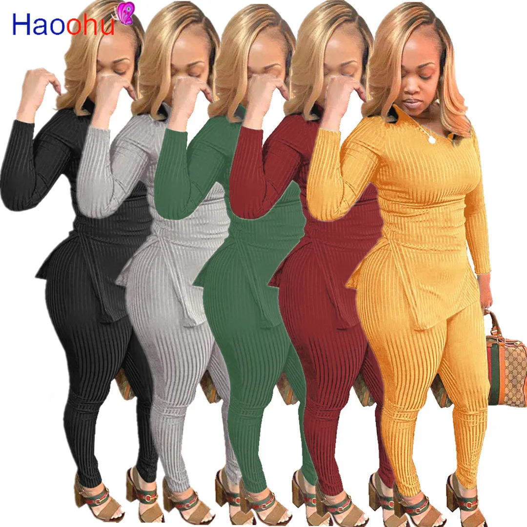 

HAOOHU Knitted Casual Tracksuit 2pcs Women Set Tee Top Sweatshirt+Jogger Pants Two Pieces Sets Women Clothing Suits Female