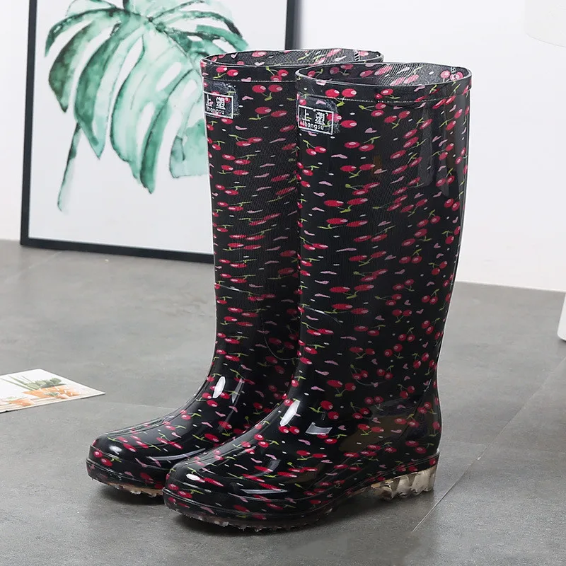 New Fashion Printing Knee-High Rain Boots Women Non-slip Waterproof Work Water Shoes Female Light Comfort PVC Rainboots