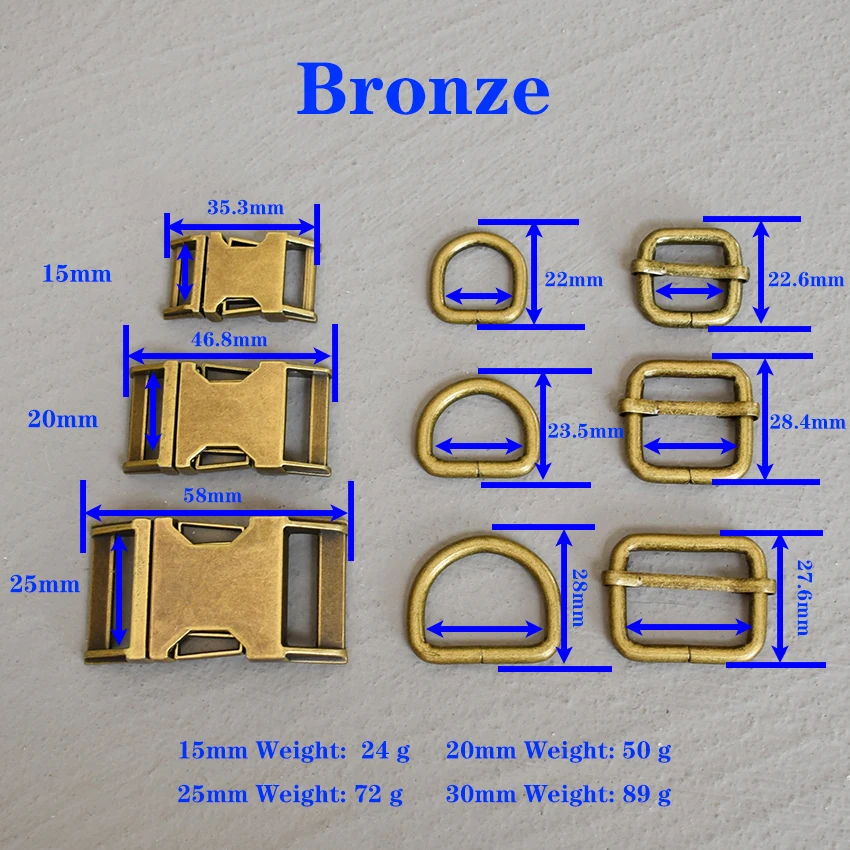 

10 Sets 15/20/25mm Bronze Webbing Metal Hardware Slider D Ring Release Belt Buckle For Dog Collar Paracord Sewing Accessory