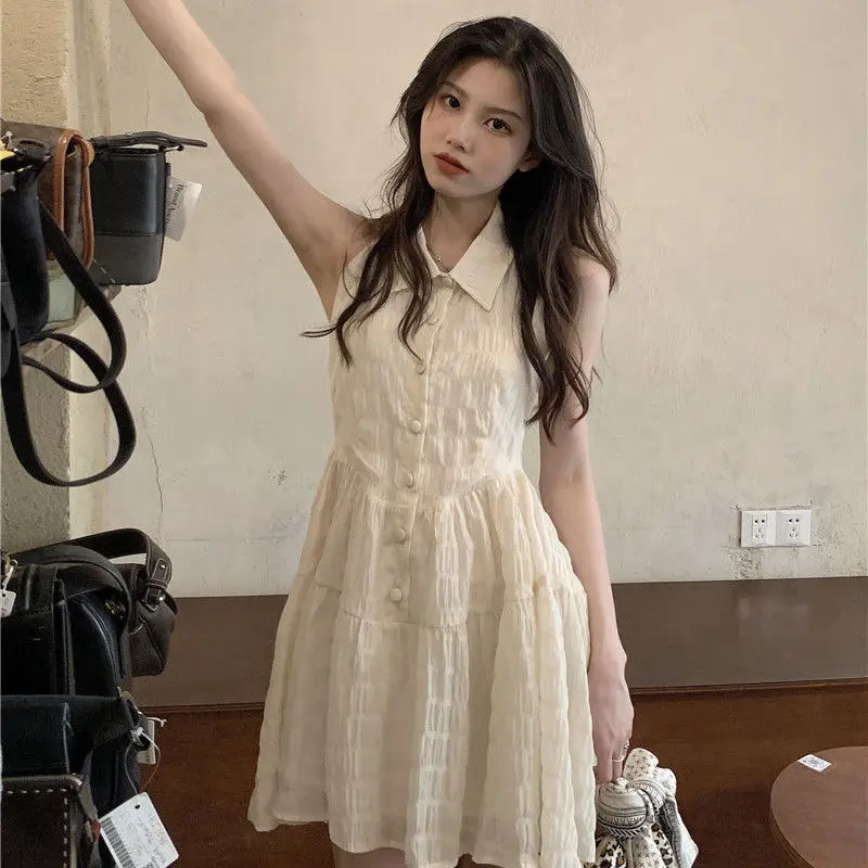 

Sexy Halter Halter Shirt Dress Women's 2021 Summer New Style Sleeveless Baby Shirt Niche Puff Skirt Kawaii girly white dress