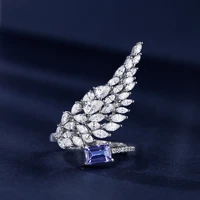 new jewelry ornament set imitation rings ear studs natural tanzanite full diamond angel wings open ring asymmetric stud earrings