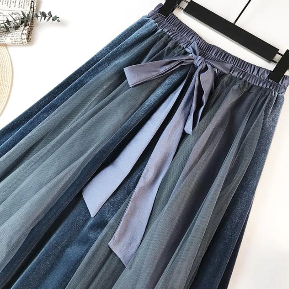 Длинная бархатная фатиновая юбка для женщин Корейская эластичная пышная