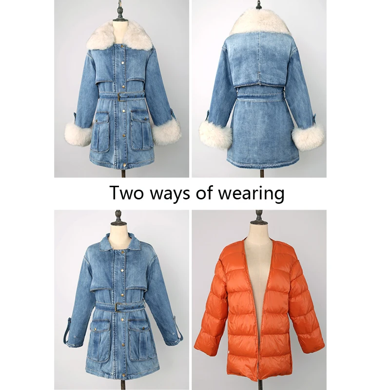 Зимняя женская джинсовая куртка с натуральным лисьим мехом пальто подкладкой из
