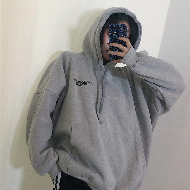 

Hoodies Women Simple Letter Embroidered Pockets Trendy Students Womens All-match Retro Casual Ladies Pullovers Loose Sweatshirts