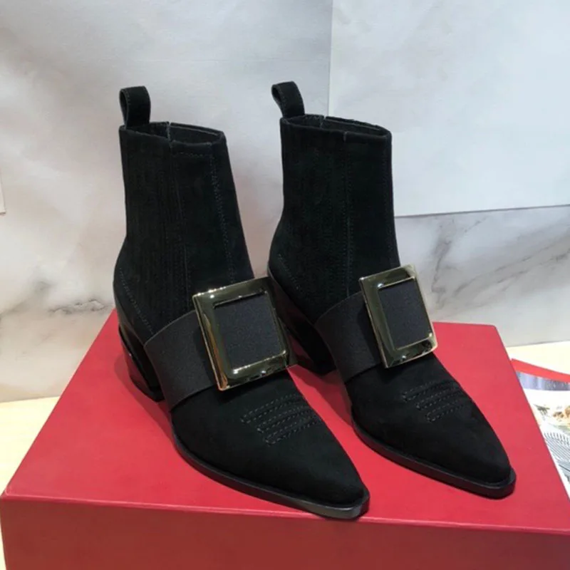

High Heels Leather Boots Autumn Winter Brand Design Pointed Toe Women Shoes Slip-On Ankle Female Boots 6.5cm