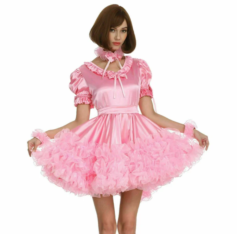 

Hot selling sissy maid pink fluffy dress fake lady pleated Cosplay dress