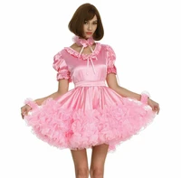 hot maid selling sissy pink fluffy dress fake lady pleated cosplay dress