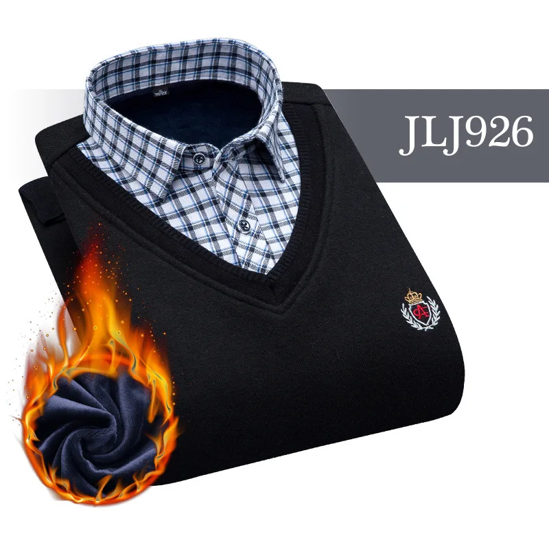 JLJ926 Мужская одежда, рубашки с вышивкой, в полоску, макет, из двух частей, платье, рубашка, имитация двойки, длинный рукав, толстый бархат, свитер, рубашки - Цвет: JLJ926
