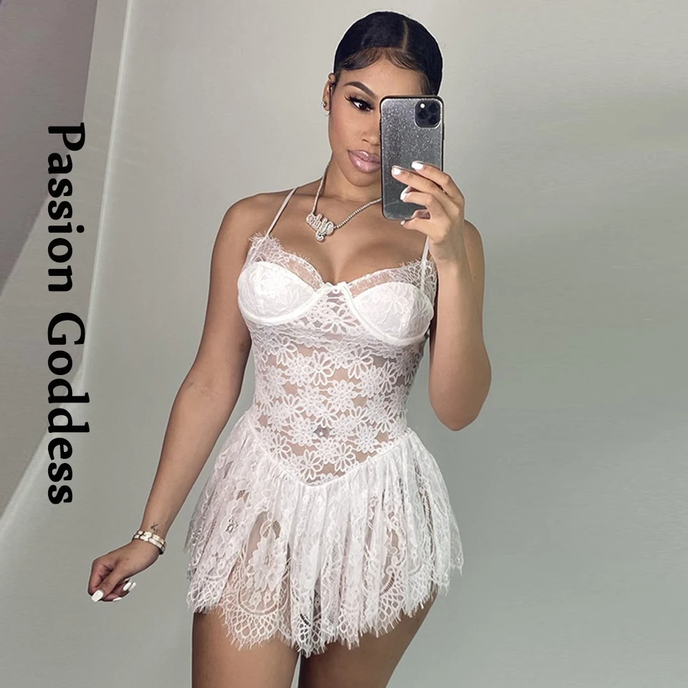 

Sexy Women Lace Crochet Bodysuits Slim Rompers Transparent Lace Ruffles Jumpsuits Lady Longue Overalls Party Club Strap Bodysuit