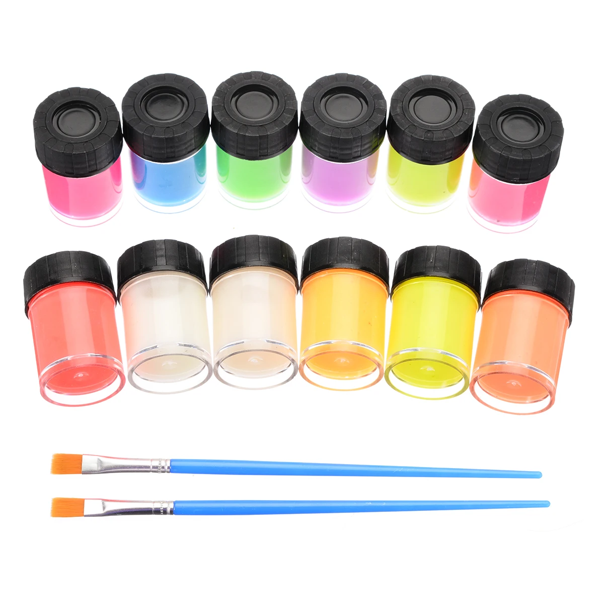 Набор красок из 12 бутылочек неоновой светящейся акриловой краски и 2 кисточки для бумаги, гипсовых стен и других поверхностей.