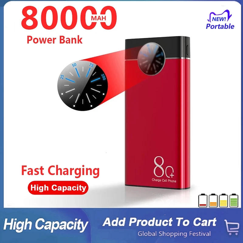 

80000mAh Quick Charge Power Bank With Dual Input Dual Output Beautiful Roulette Display External Battery Suitable for Smartphon