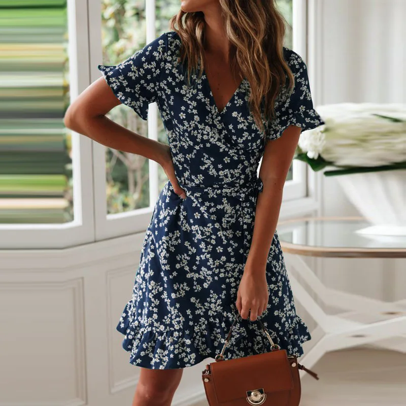 

Summe Dress Print V-neck Straps with High-waisted Chiffon Floral Dresses