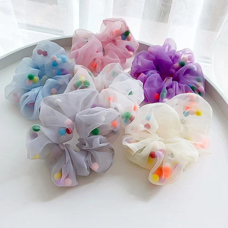 

Fashion Organza Sheer Scrunchie With Color Mesh Gauze Ball Hair Ring Women Ponytail Hair Rope Bands Girls Sweet Hair Accessories