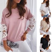 autumn and spring new lady casual stitching lace hollow long sleeves pullover sweatshirt fashion embroidery hoodies sweatshirts