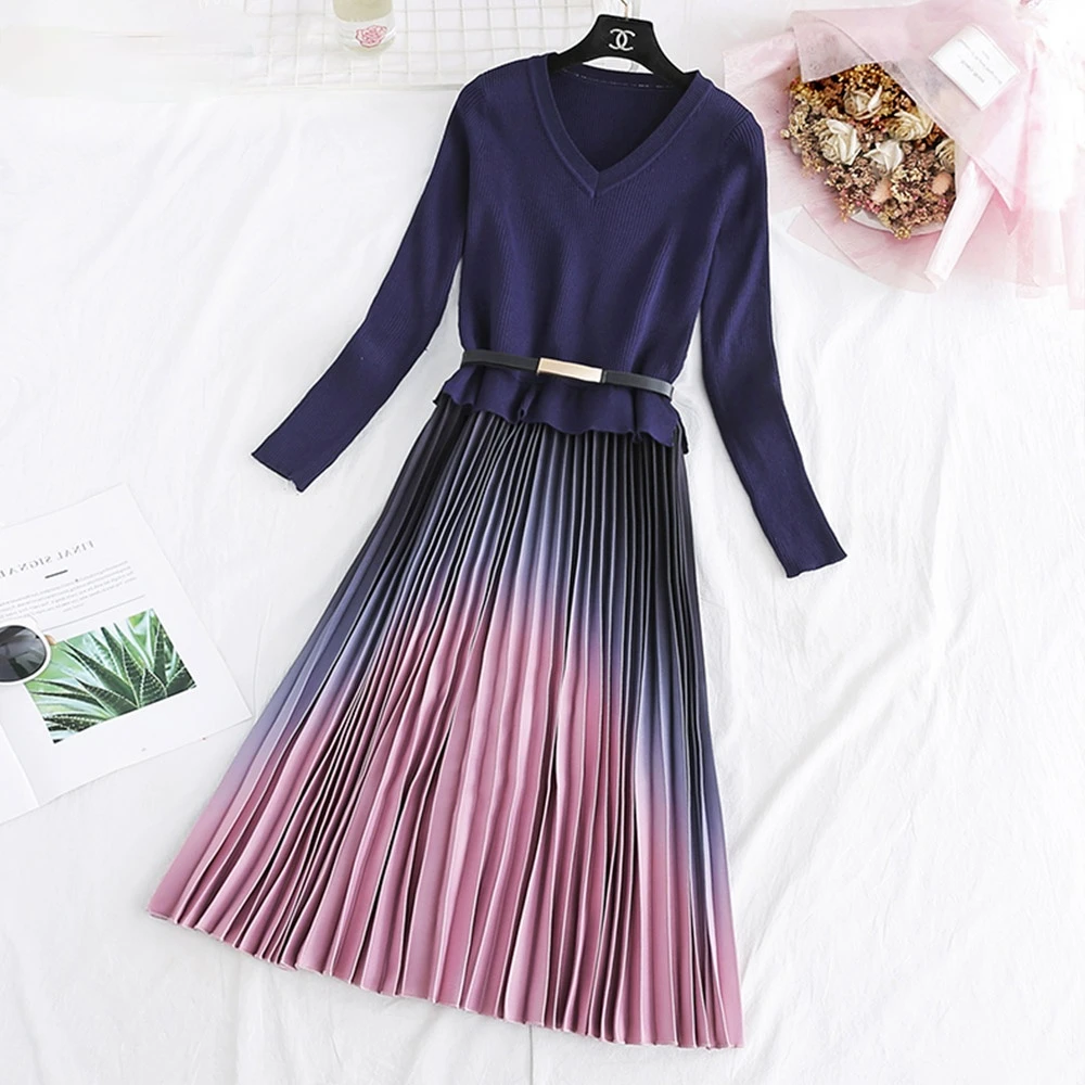 

Autumn Winter Elegant Knitted Patchwork Gradient Pink Pleated Dress Women Long Sleeve Office One-Piece Sweater Dress With Belt