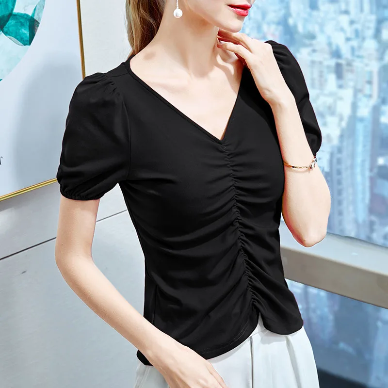 

V-neck short sleeve T-shirt women's new summer slim pleated age reducing Lantern Sleeve fairy bubble sleeve top