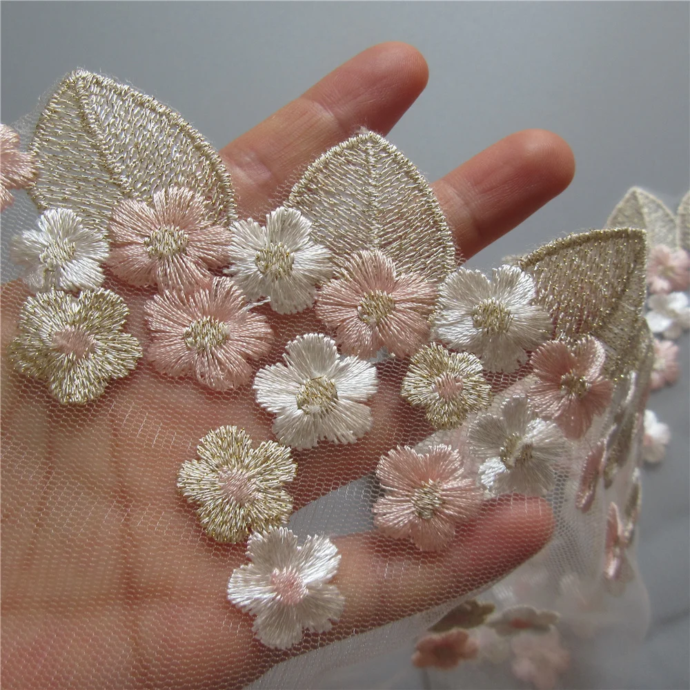 1 ярд Золотой лист розовый цветок сетка вышитая кружевная отделка лента ткань