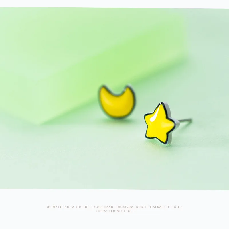 Женские асимметричные серьги ElfoPlataSi сережки гвоздики с желтой звездой и луной из