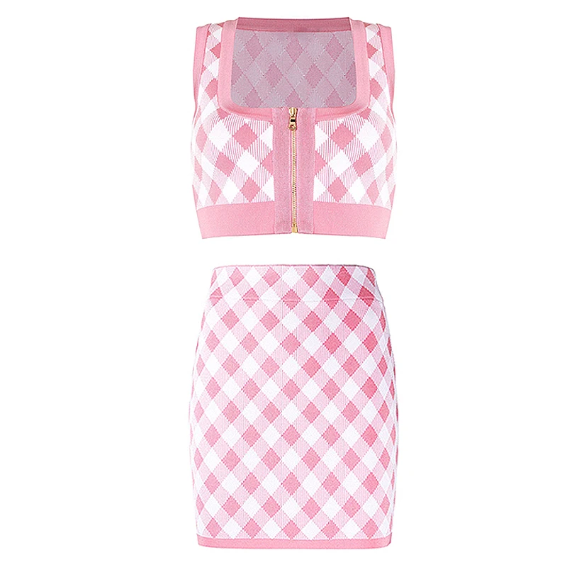 

S-XL высокое качество 2021 Новое модное трикотажное платье розового цвета в клетку, топ на бретелях с застежкой-молнией и сумка в стиле «Хип Мини юбка женские Повседневный костюм для девочек
