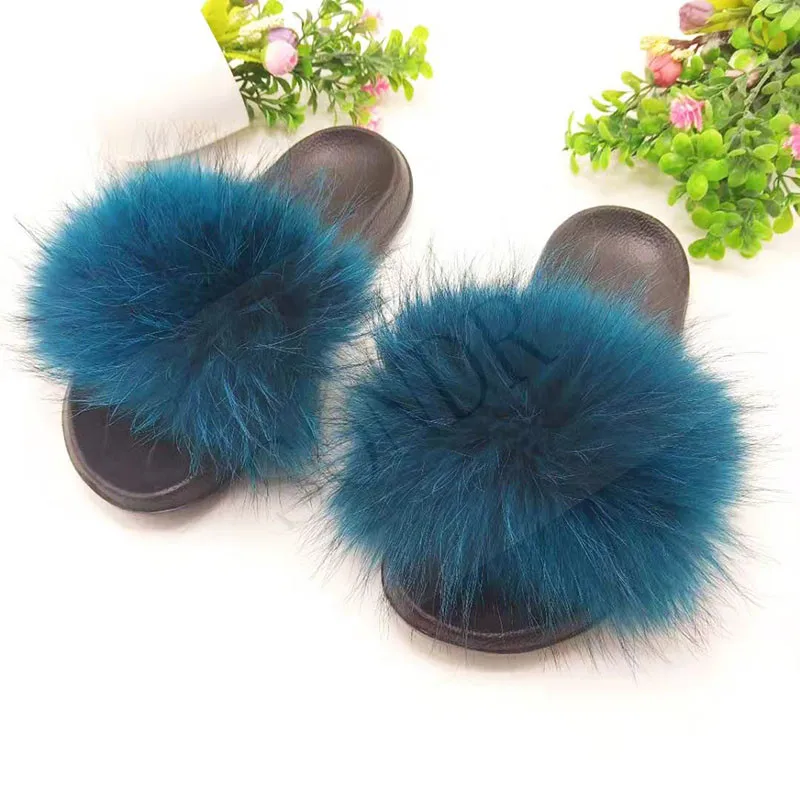Роскошные летние мех енота тапочки для женщин из натурального Лисьего меха на
